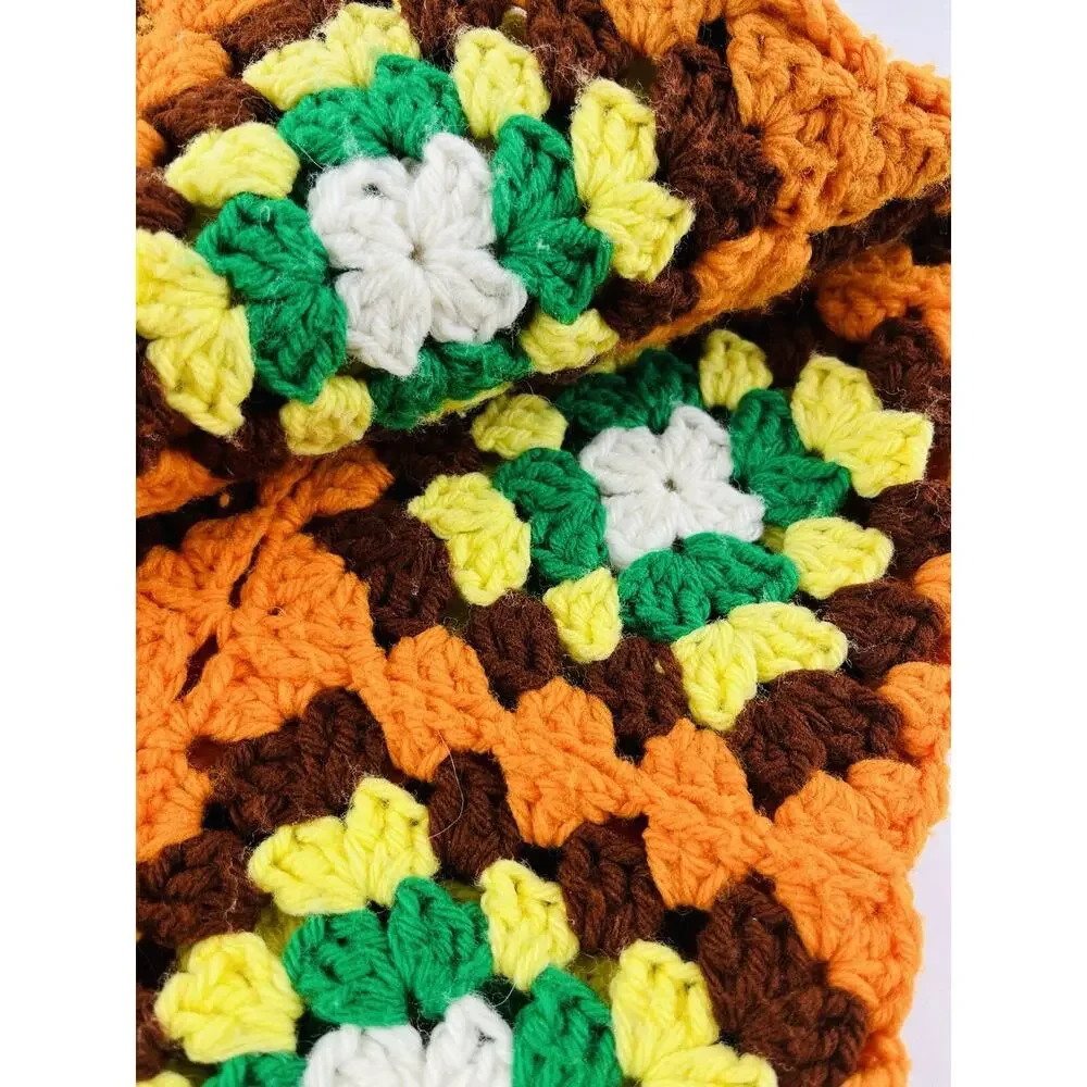 Vintage Crochet Granny Square Afghan Blanket Green Orange Brown Retro 70s Hippie